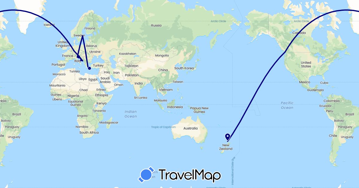 TravelMap itinerary: driving in Canada, Germany, Greece, Croatia, Italy, New Zealand, Sweden, Slovenia (Europe, North America, Oceania)